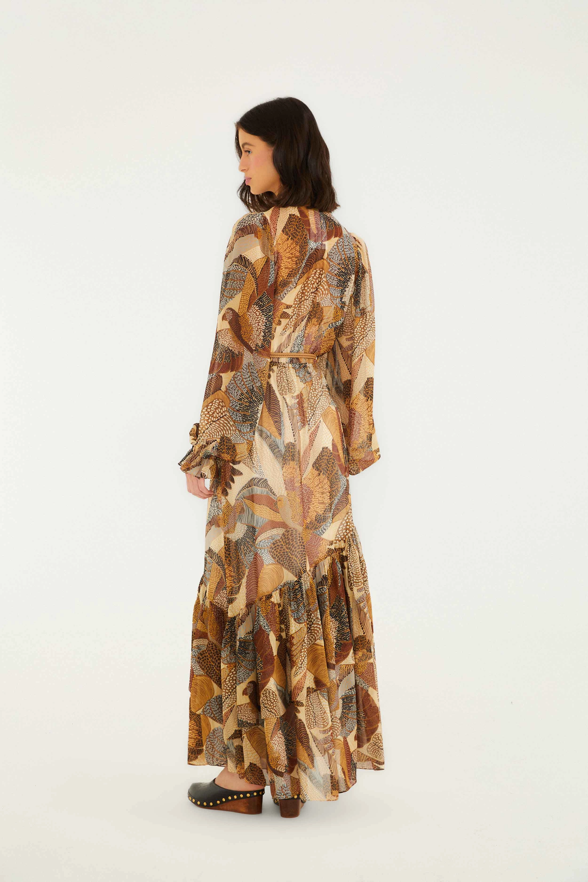 Cream Dotted Macaws Long Sleeve Maxi Dress Ethical Manufacturing Relax Fit Comfortable Design