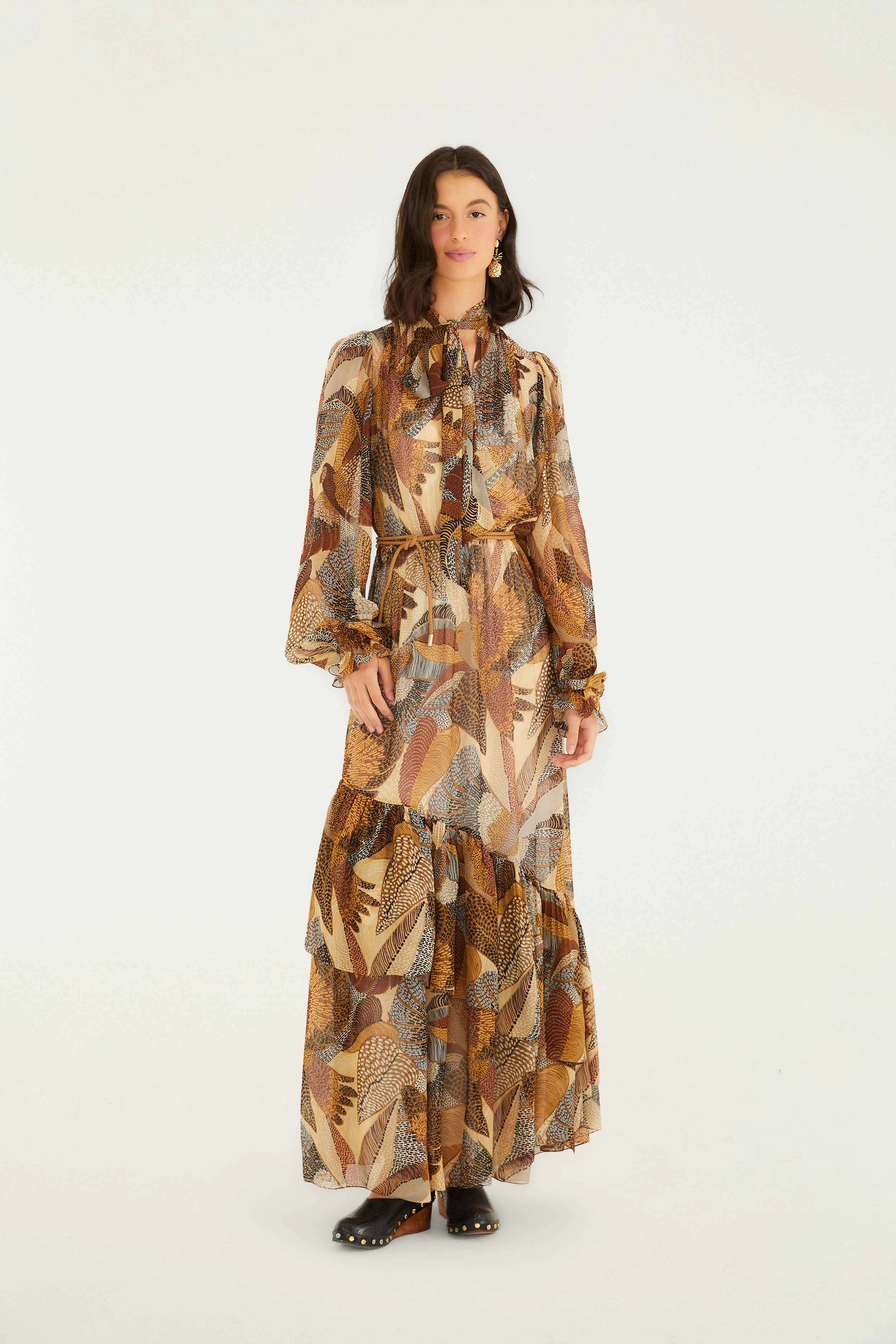 flattering appearance Night wear Cream Dotted Macaws Long Sleeve Maxi Dress Ethical Manufacturing