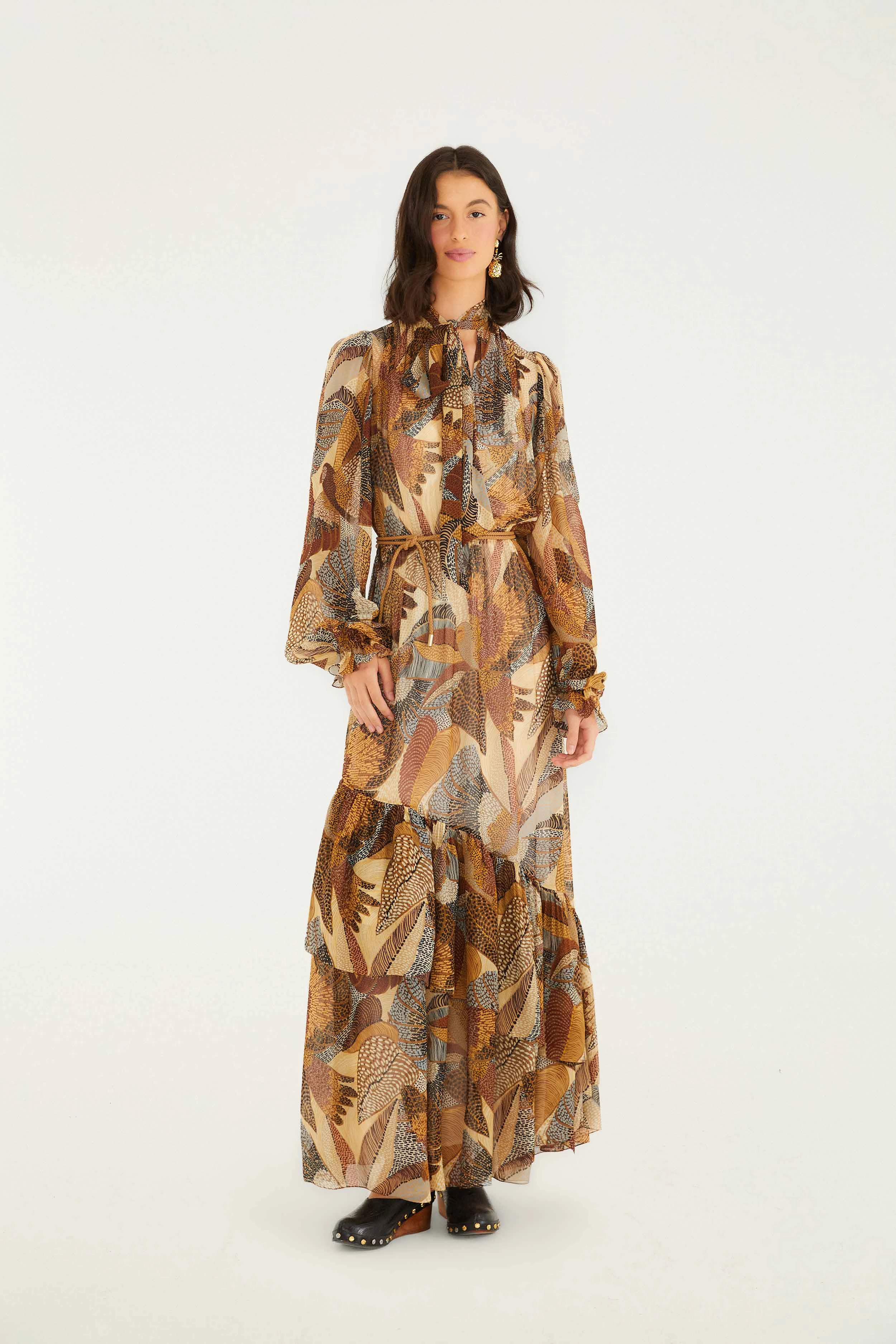 Durable-Fabric Cream Dotted Macaws Long Sleeve Maxi Dress Ethical Manufacturing