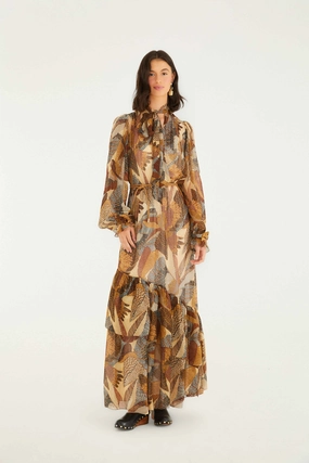 flattering appearance Night wear Cream Dotted Macaws Long Sleeve Maxi Dress Ethical Manufacturing