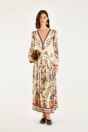 Modern Aesthetic Cream Majestic Hearts Long Sleeve Midi Dress Breathable layers