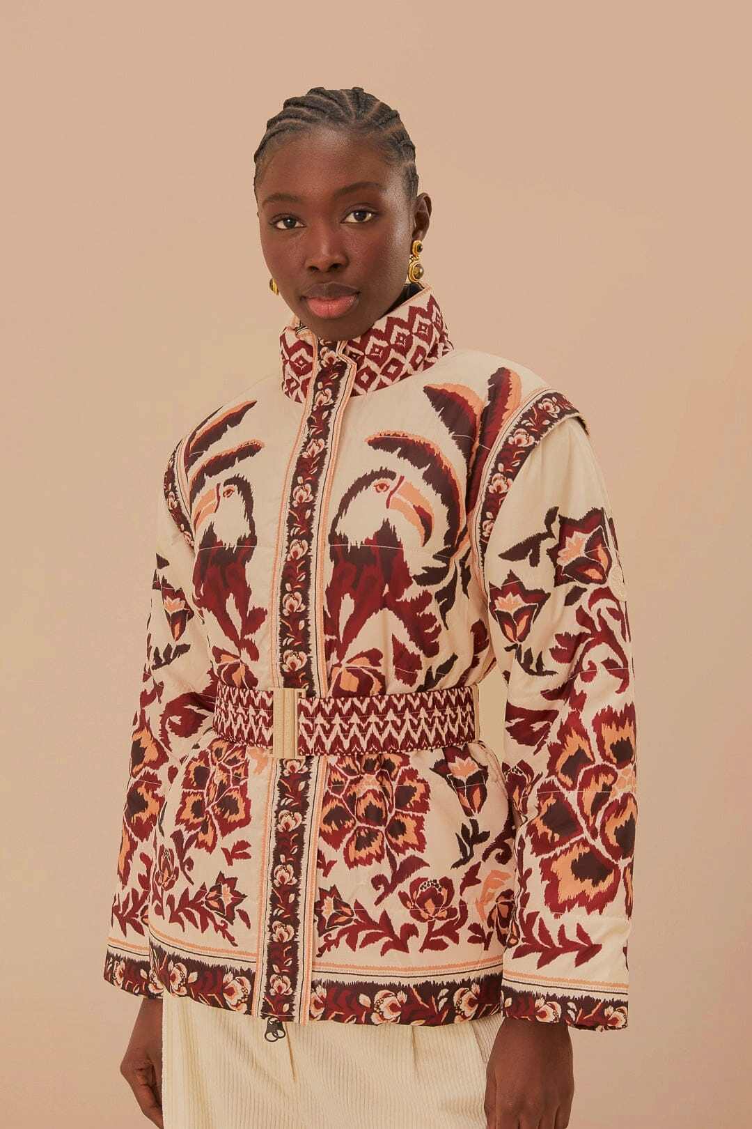 Flex Fit Fabric Cream Toucans Scarf Reversible Puffer Jacket