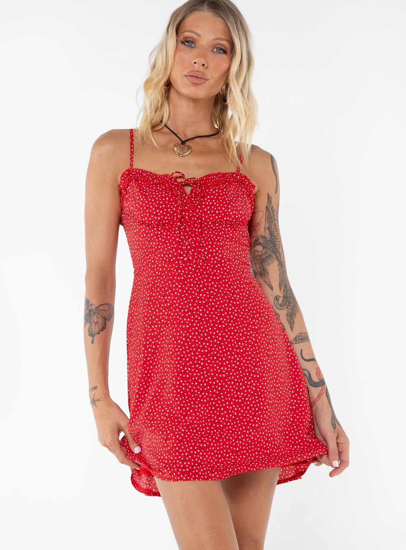 High Waist Japan Line Love Birds Mini Dress Red Tall