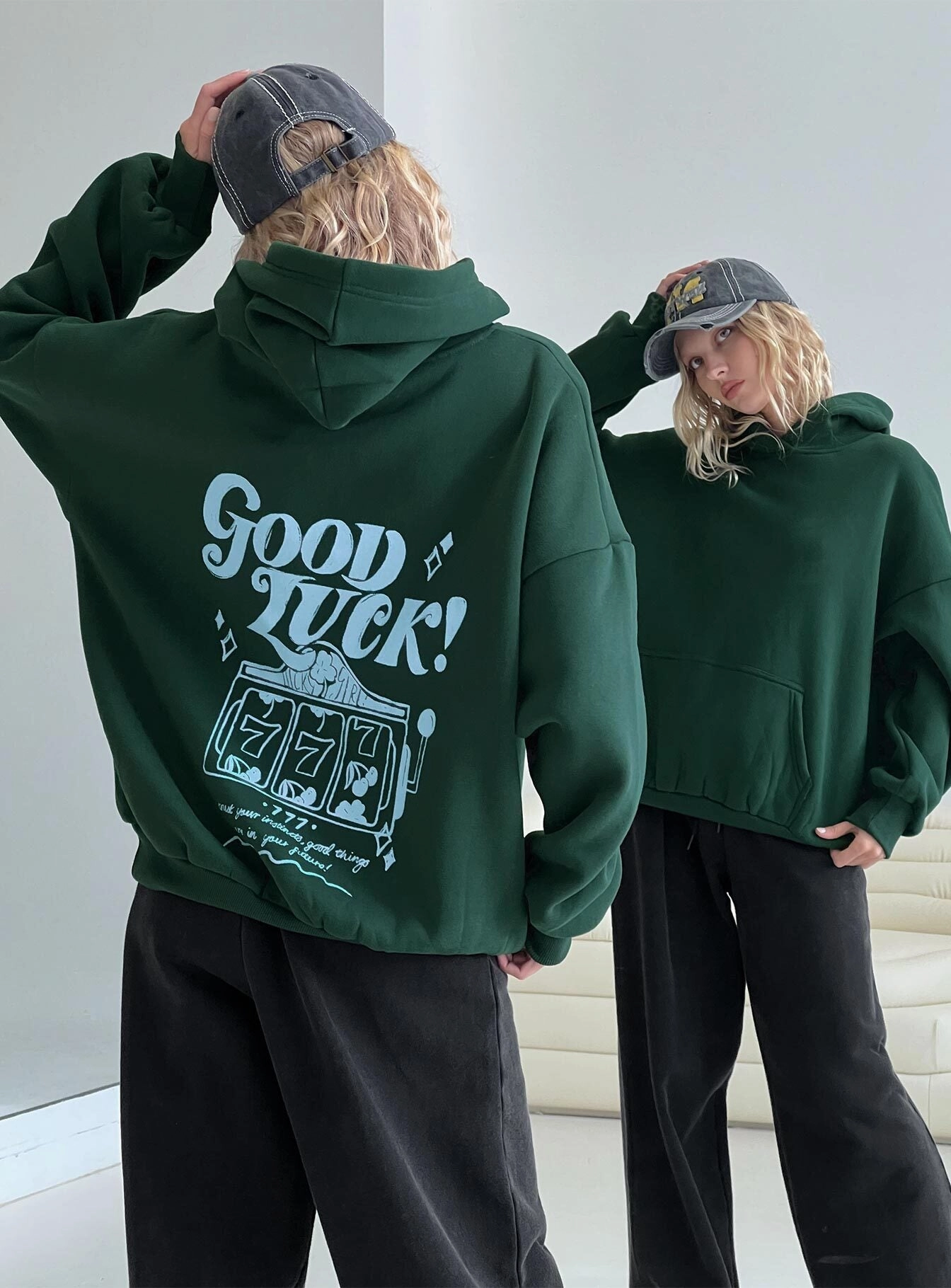 Quick Fit Design Good Luck Graphic Hoodie Green / Blue