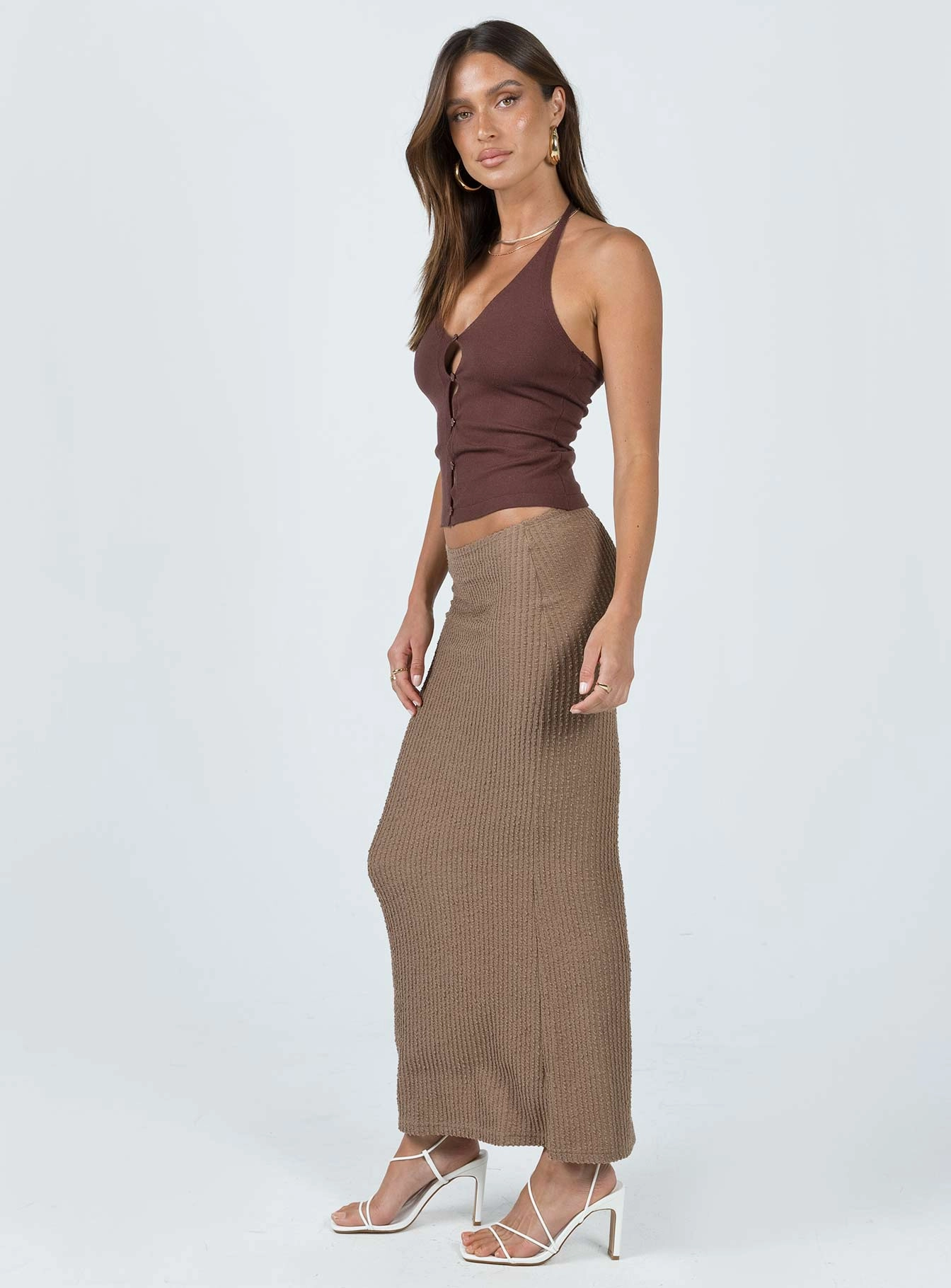 Diagonal Slit Fringe Detail Jaynee Maxi Skirt Beige