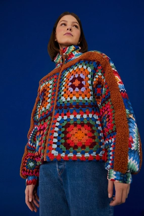 Crochet Colorful Forest Reversible Puffer Jacket Neutral Style Light Weight