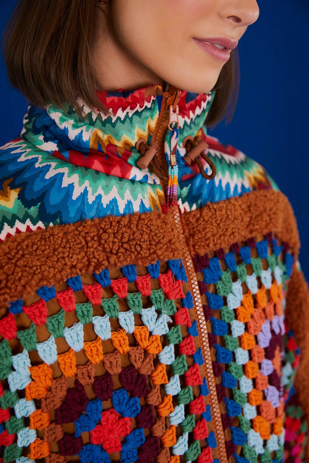 Crochet Colorful Forest Reversible Puffer Jacket Casual Style Abrasion Resistant Trim
