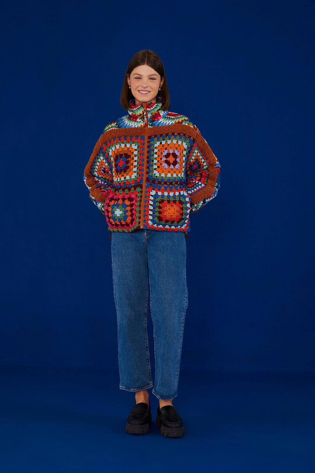 Crochet Colorful Forest Reversible Puffer Jacket Plaid Print