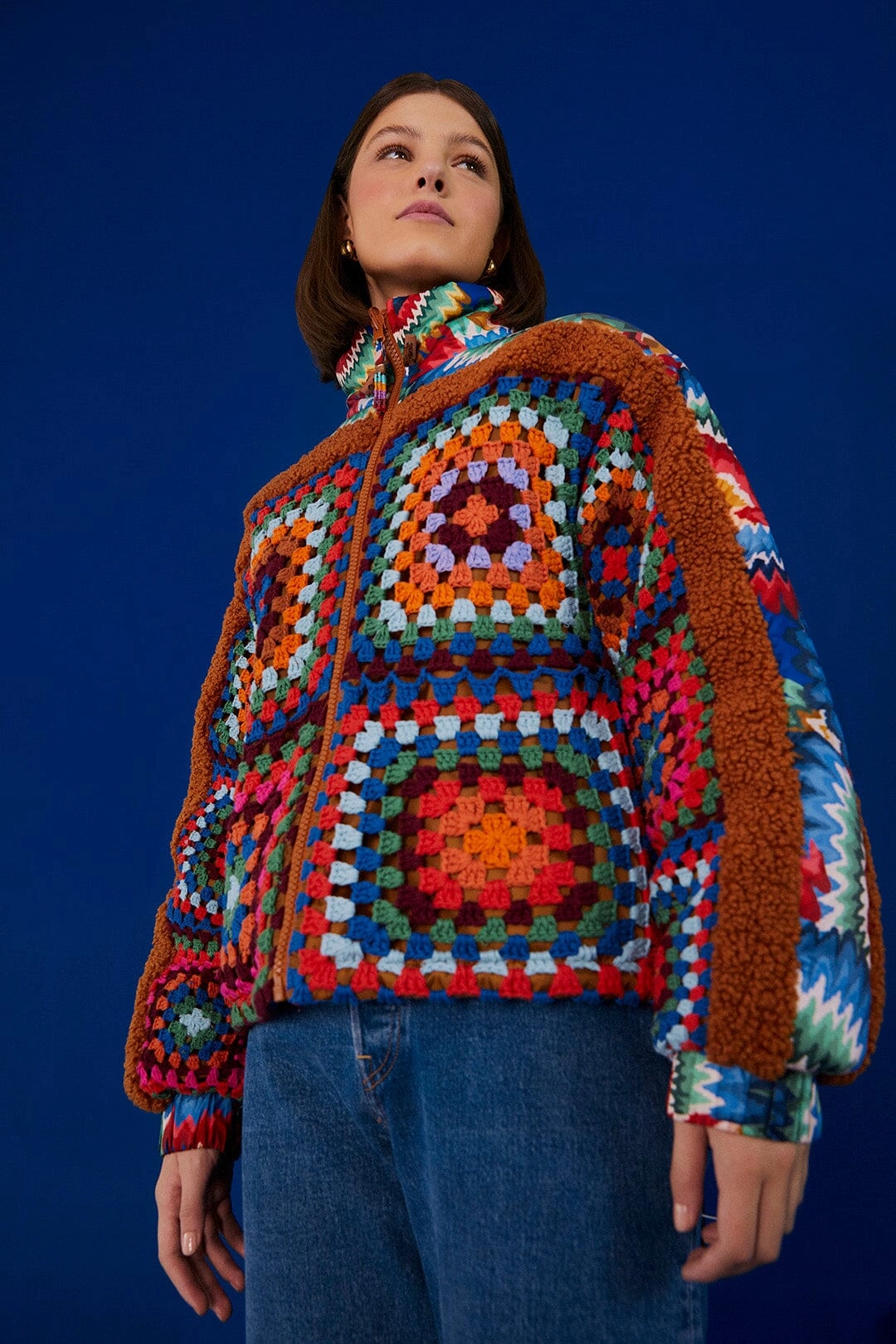 Crochet Colorful Forest Reversible Puffer Jacket Neutral Style Light Weight