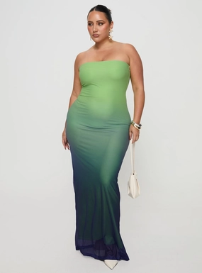 Stolen Love Strapless Maxi Dress Blue / Green Ombre Curve Fresh Motion Satin Glow