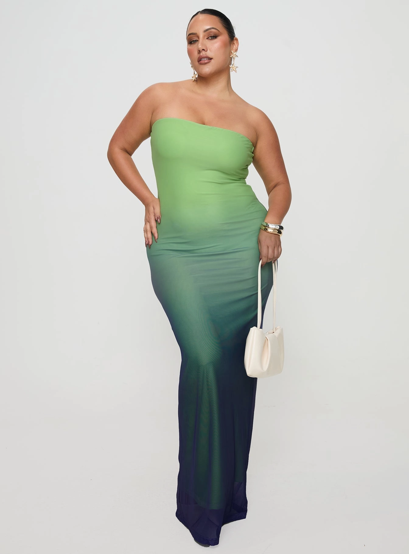 V Neckline Seasonal Style Stolen Love Strapless Maxi Dress Blue / Green Ombre Curve