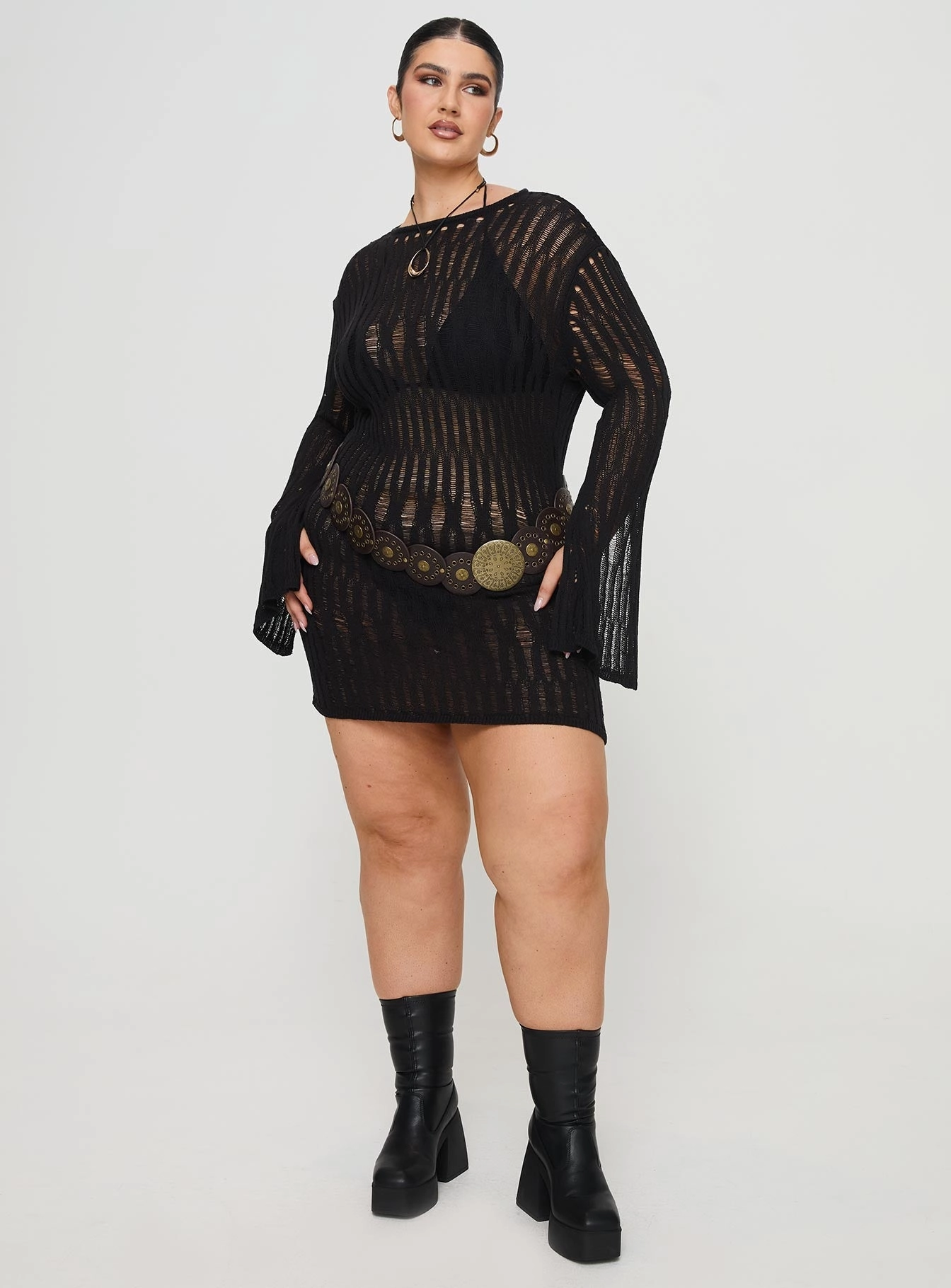 Special-Edition Chic Everyday Wear Cylian Long Sleeve Knit Mini Dress Black Curve
