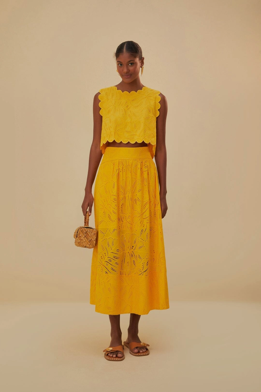 Yellow Monstera Eyelet Maxi Skirt Polished Look