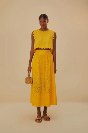 Yellow Monstera Eyelet Maxi Skirt Polished Look