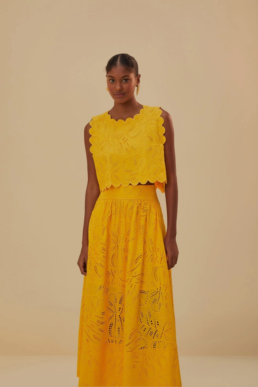 Yellow Monstera Eyelet Maxi Skirt Breezy Look Hemp Blend