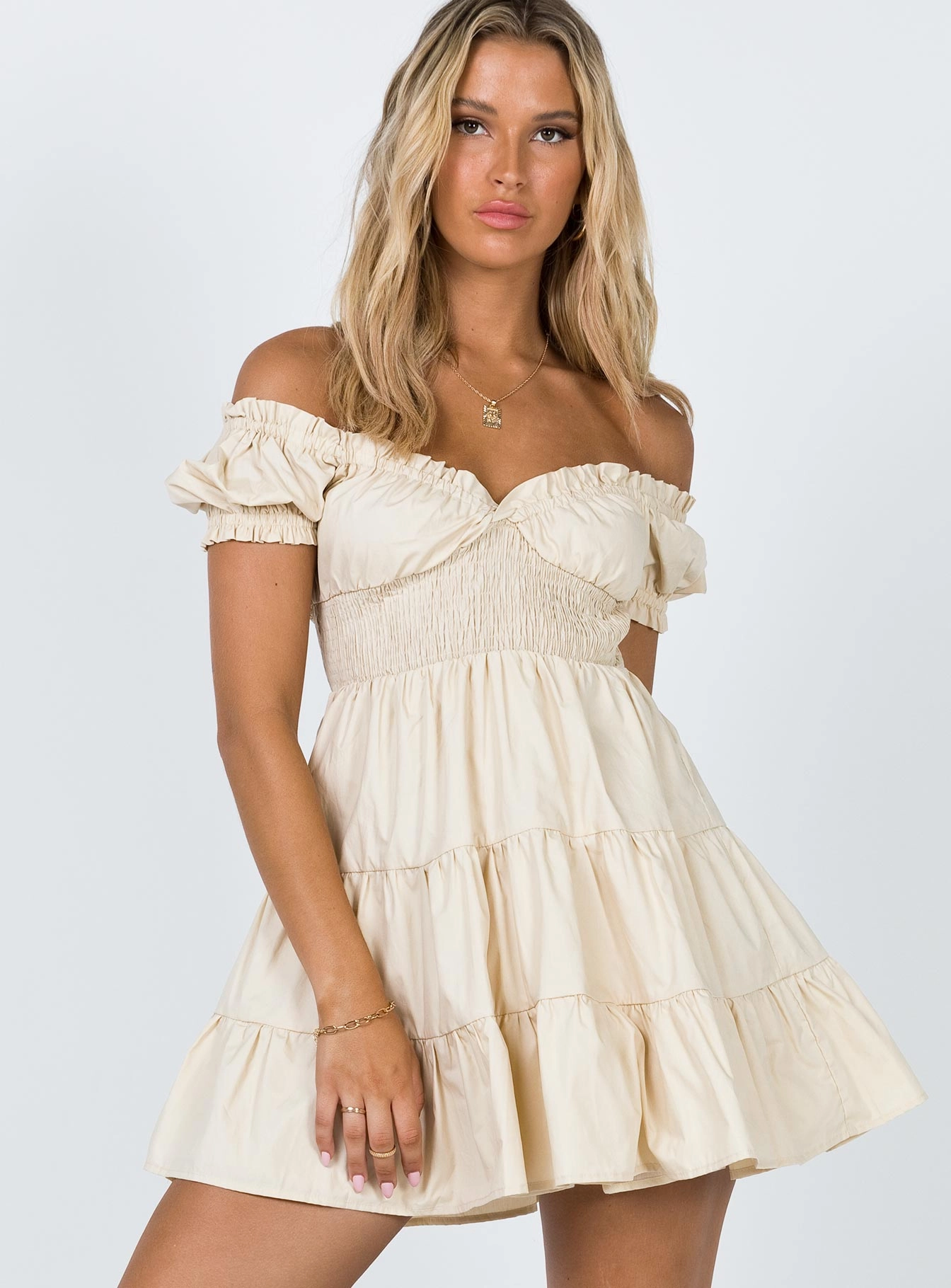 A Line Cut Daniela Mini Dress Beige