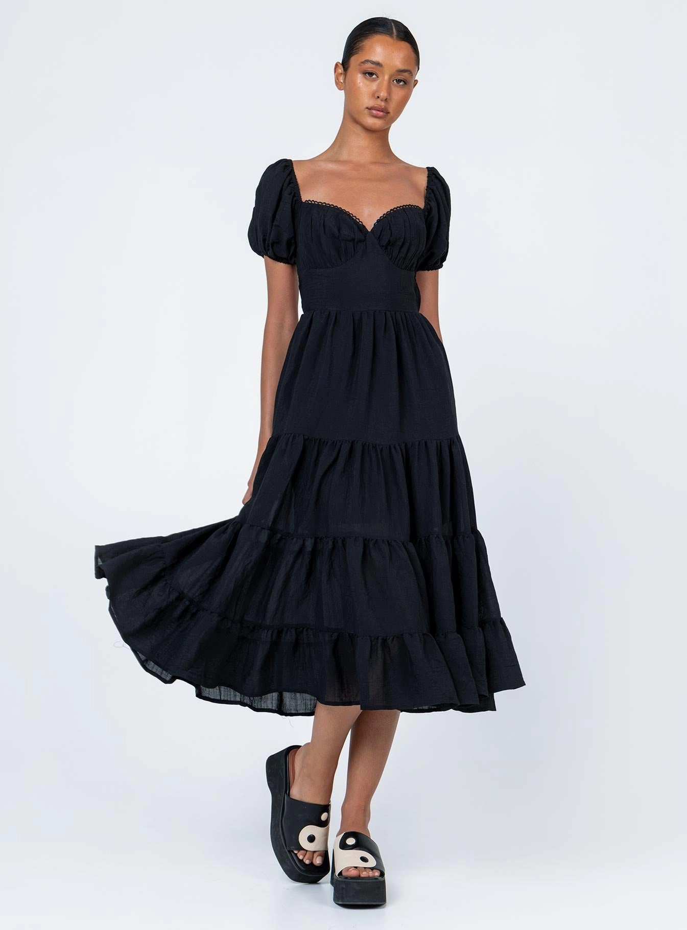 Feminine Cut Asymmetrical hem Danny Midi Dress Black