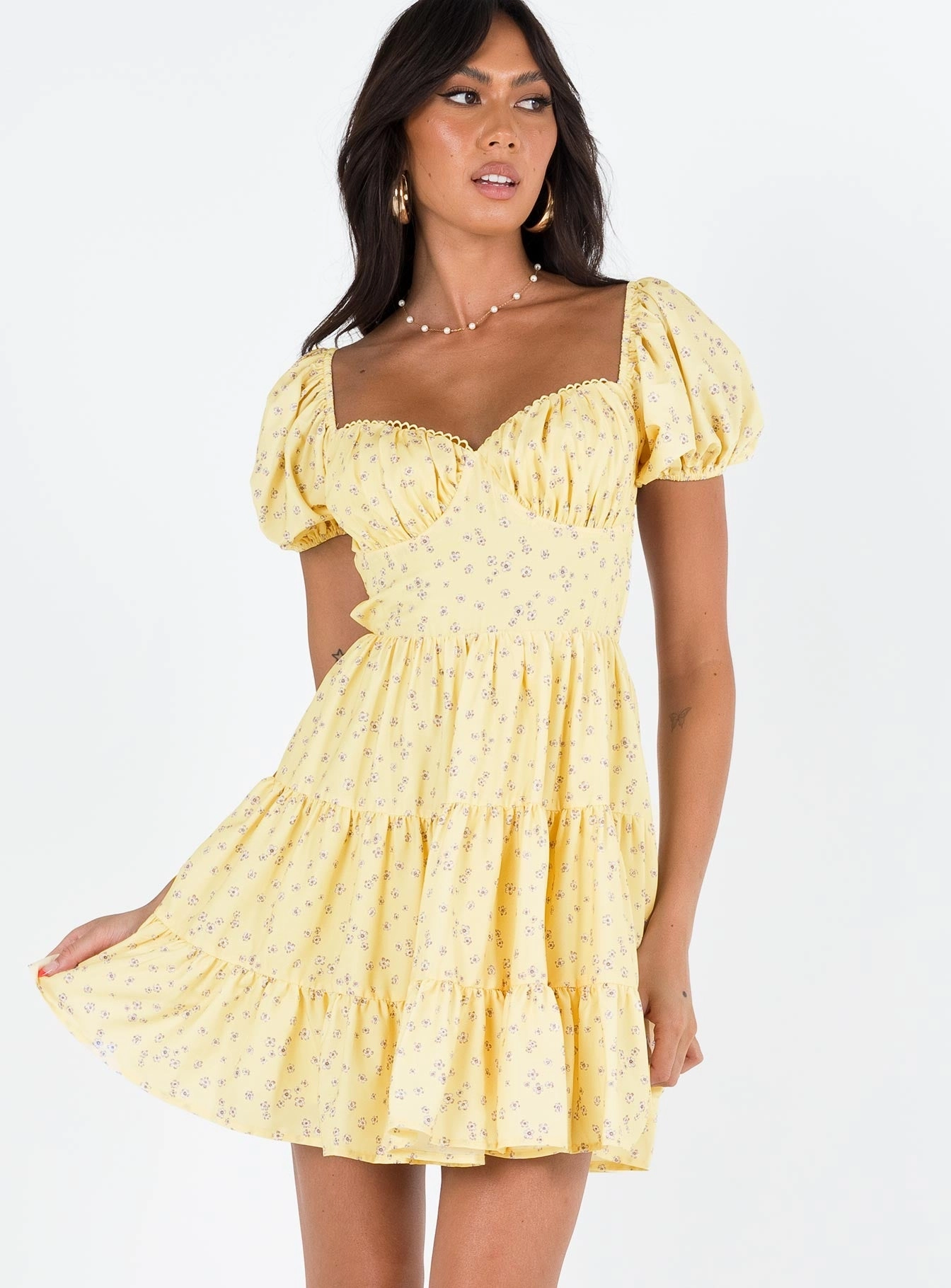 Danny Mini Dress Yellow Floral Chilly Day Wear Lace Detail