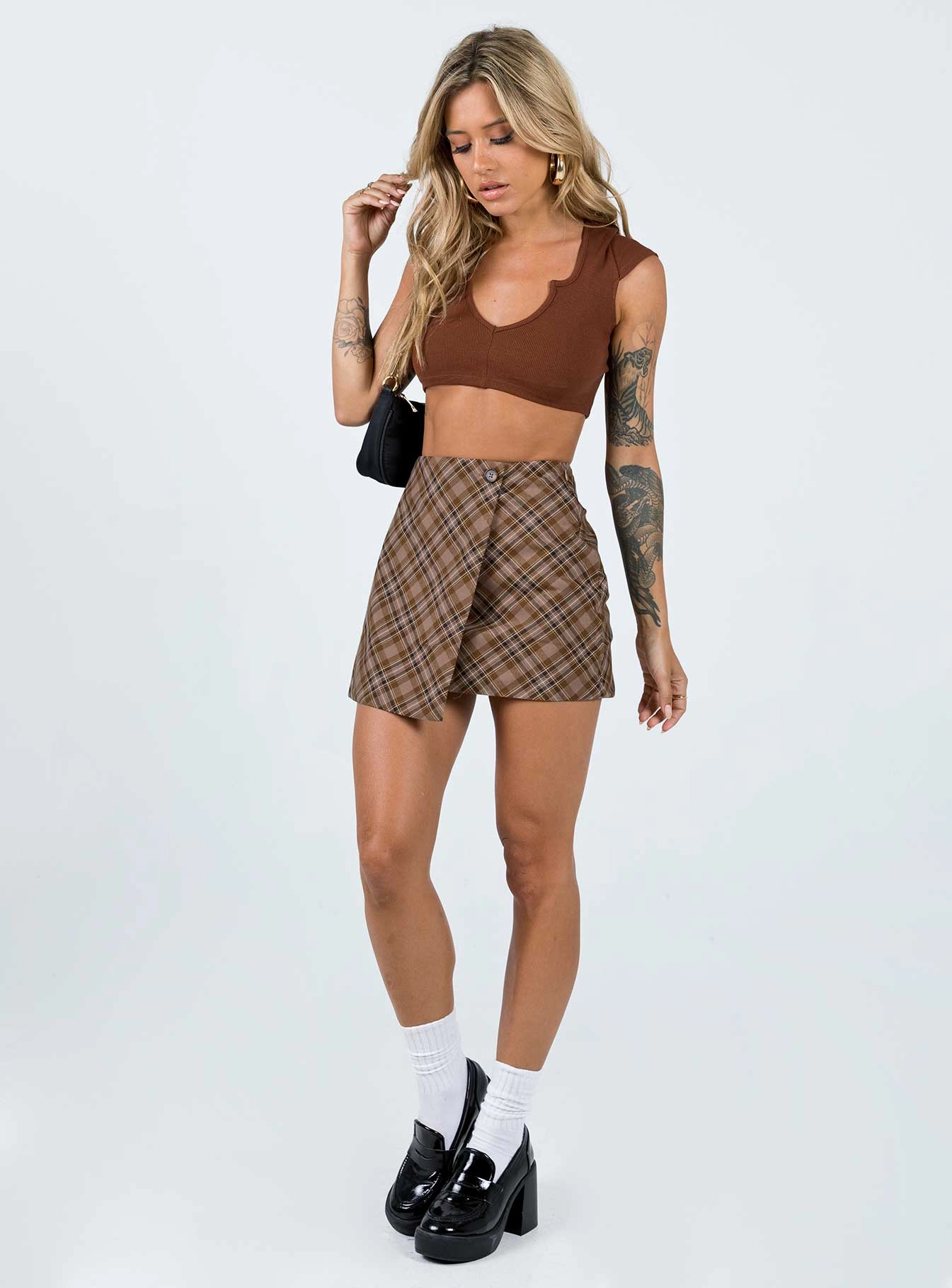 ribbed texture Rolled Hem Davenport Mini Skirt Brown