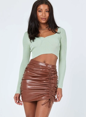 Aesthetic Look Flexible Material Davis Ruched PU Mini Skirt Brown