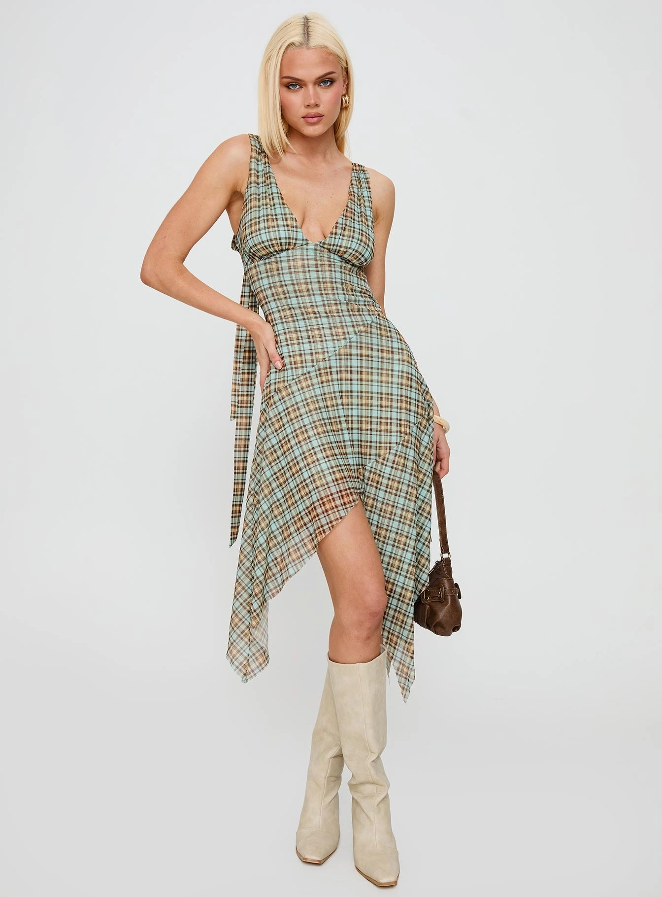 Blaize Asymmetrical Midi Dress Multi Check Silky Finish Balanced Shape