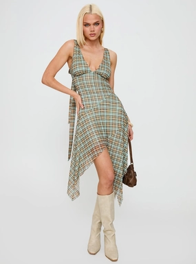 Blaize Asymmetrical Midi Dress Multi Check Silky Finish Balanced Shape