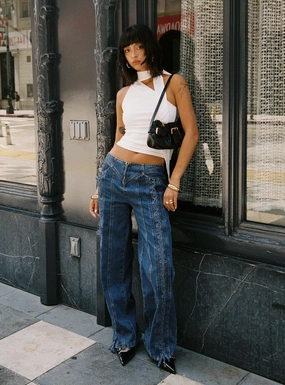 Heavyweight Denim Day Dream Mid Rise Straight Leg Jeans Dark Blue Wash