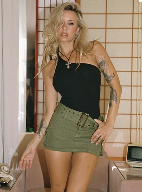 Laidback Feel Adjustable Ties Iconic Cargo Mini Skirt Khaki