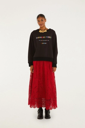 Red Guipure Boho Garden Skirt Striped Design Built In Shorts