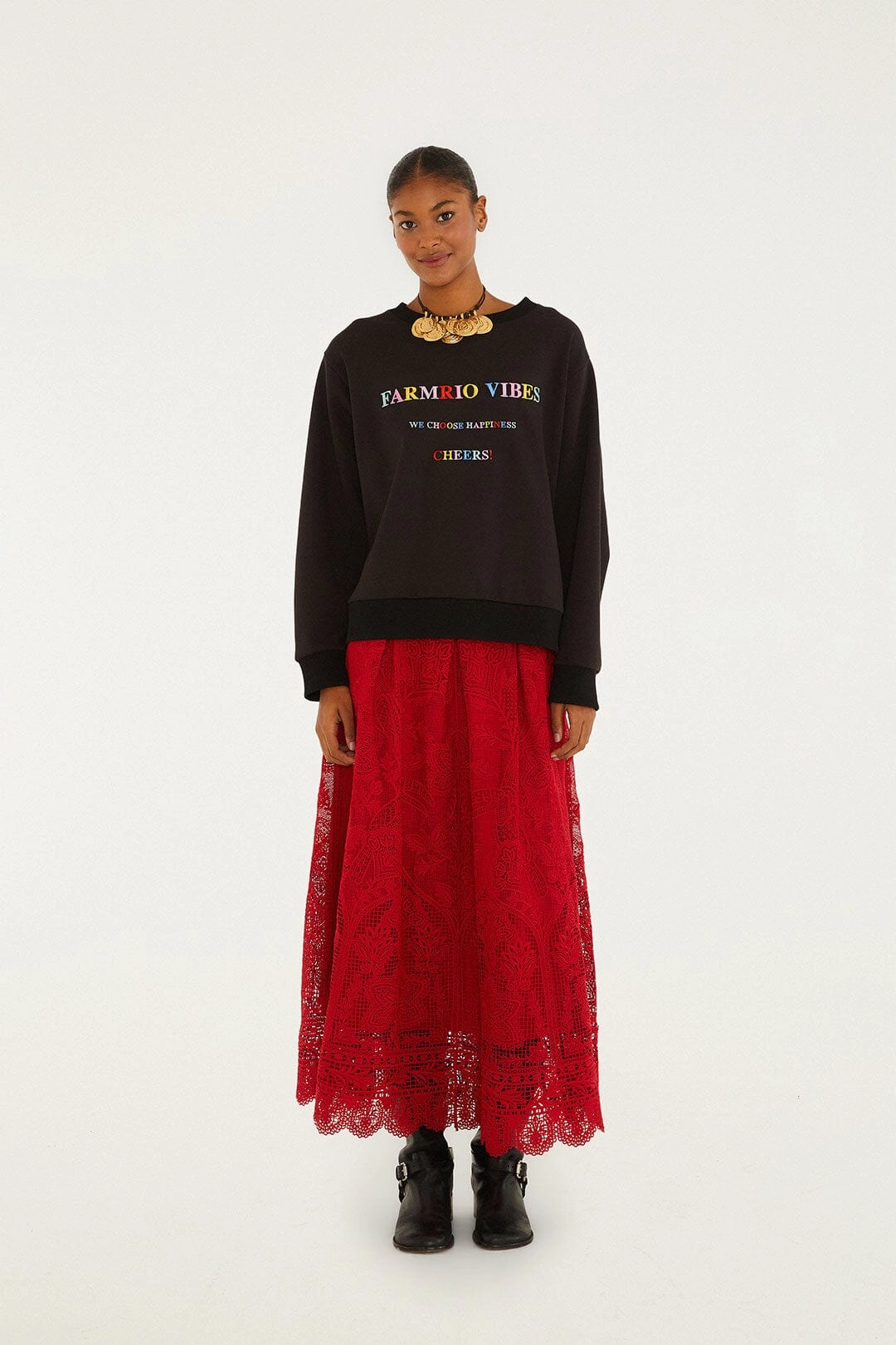 Red Guipure Boho Garden Skirt Unique Feature Relaxed Style