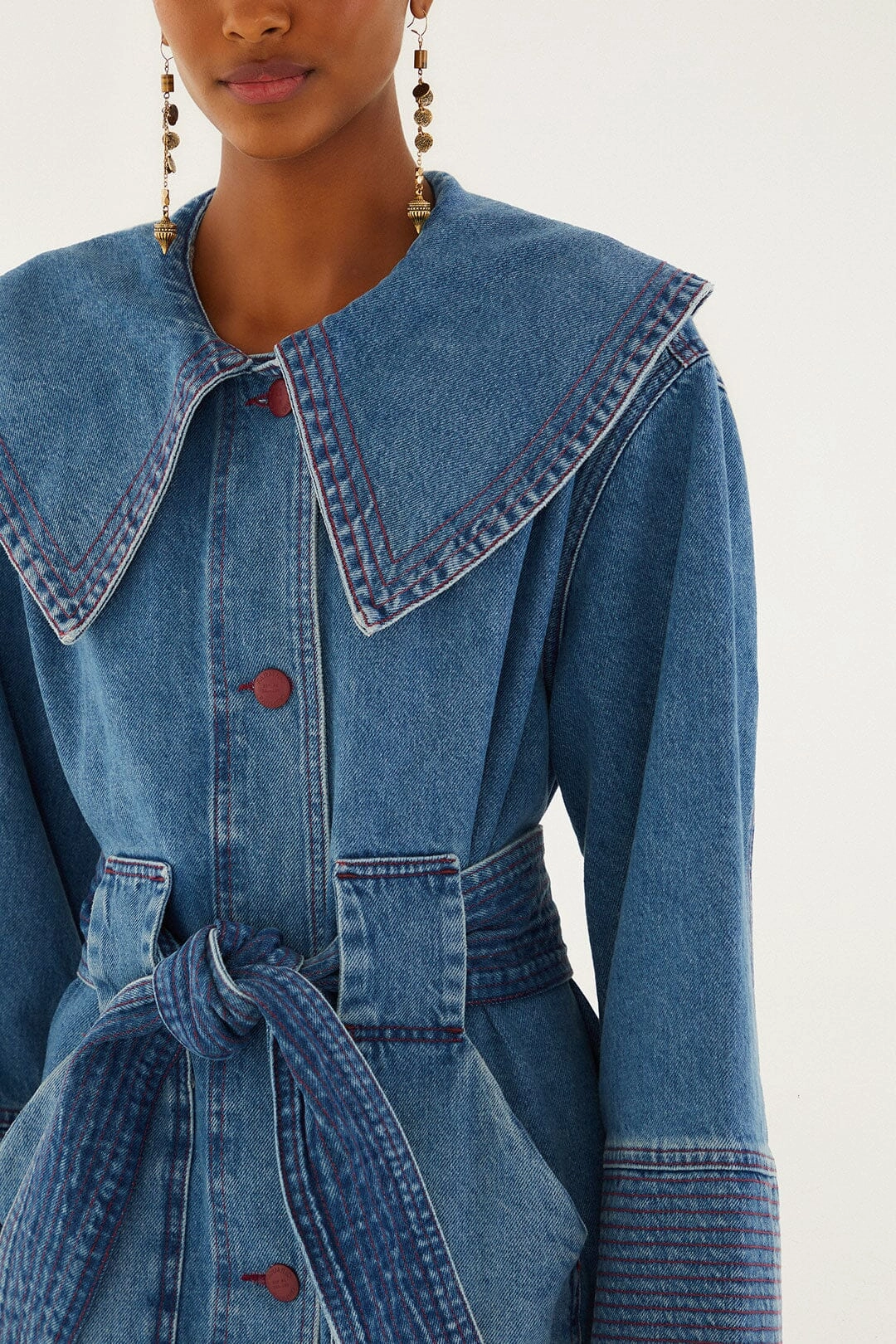 Denim Collared Belted Trench Coat Moisture Wicking Fabric