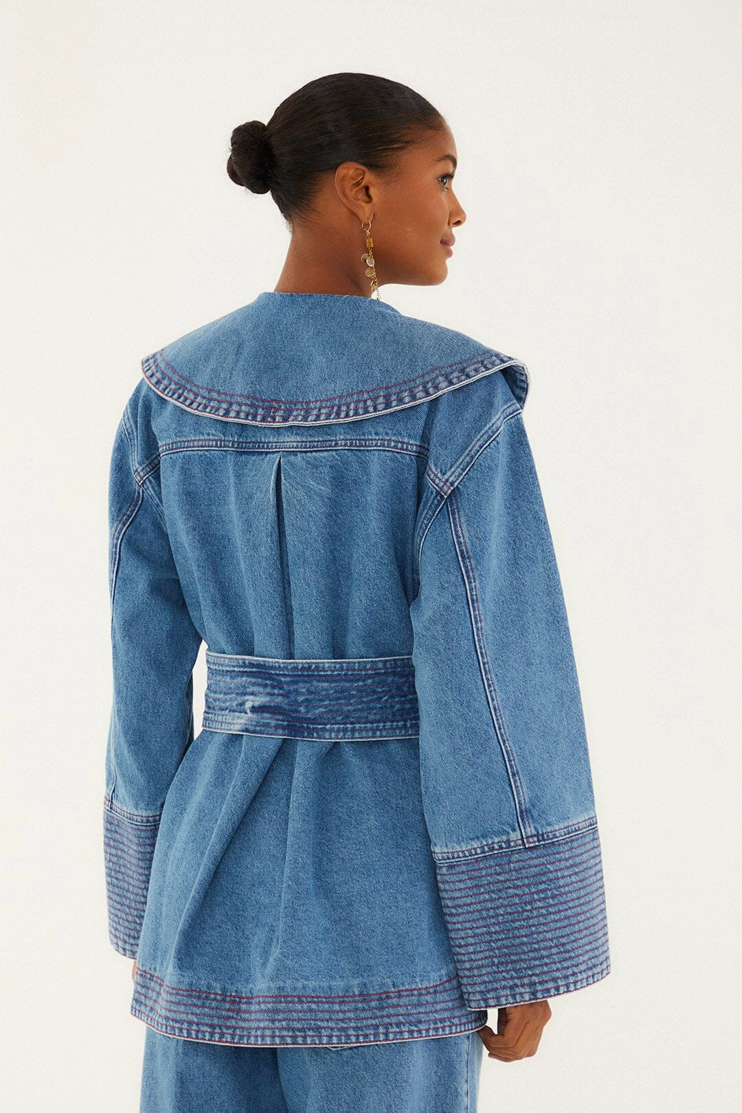 Dual Layer Insulation WindResistant Coating Denim Collared Belted Trench Coat