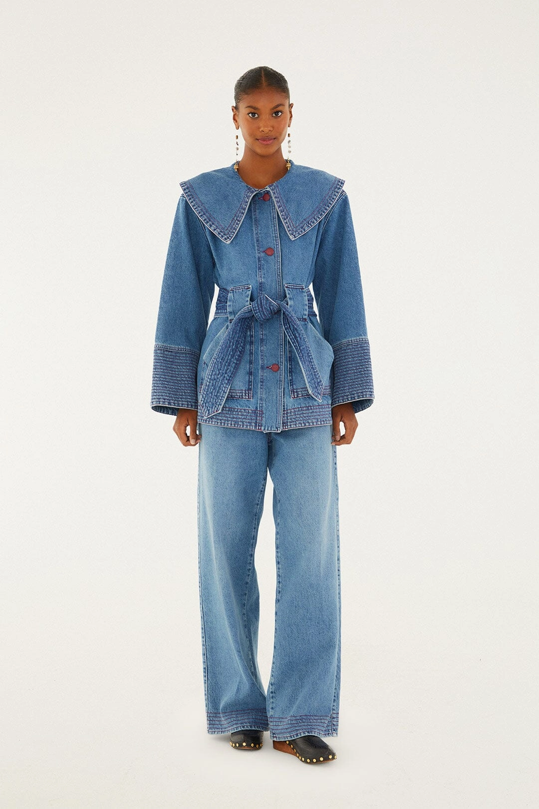 Denim Collared Belted Trench Coat Temperature Regulating Membrane