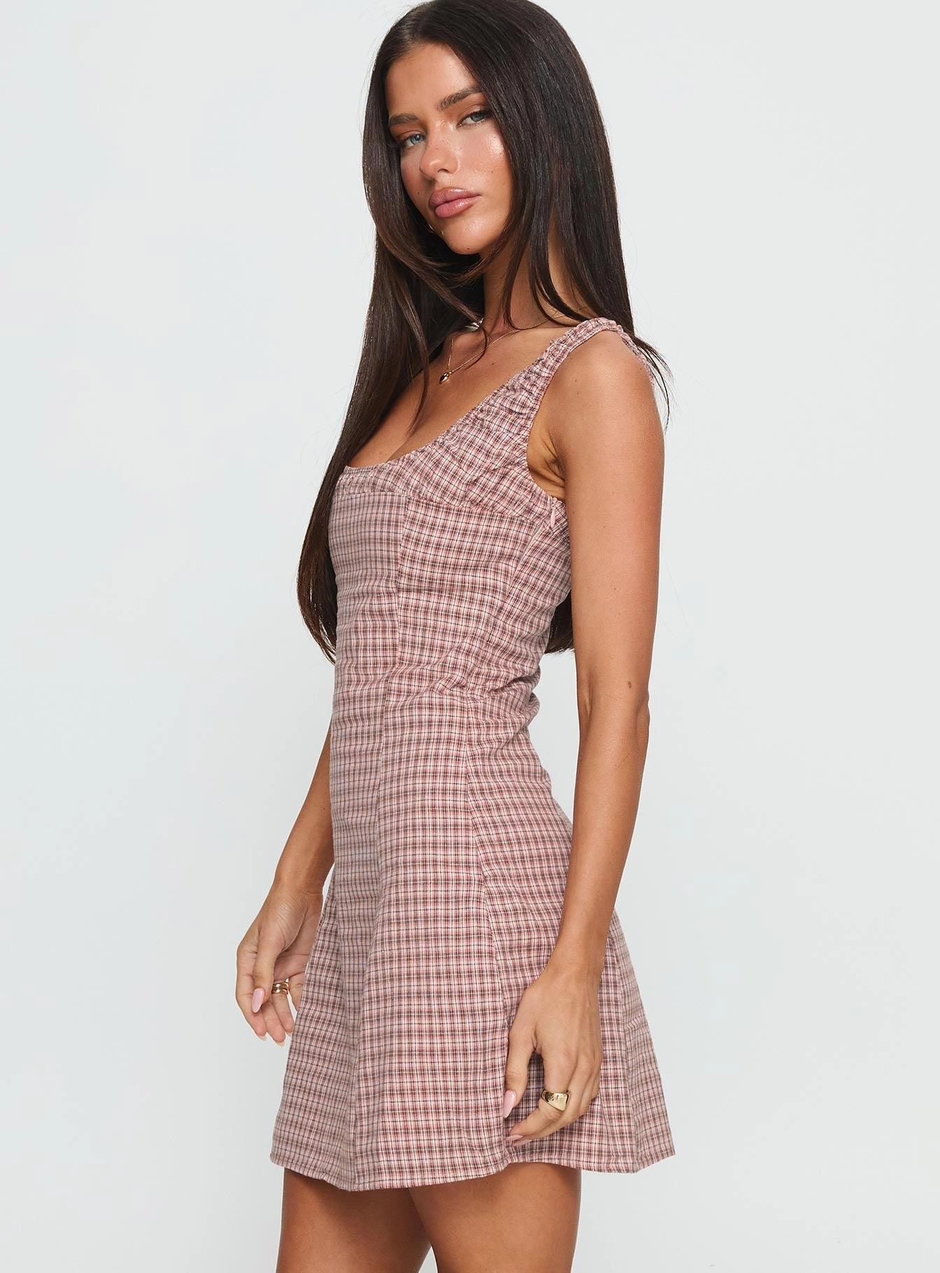 Denley Cinched Mini Dress Pink Check Pose Glow Active Outfit