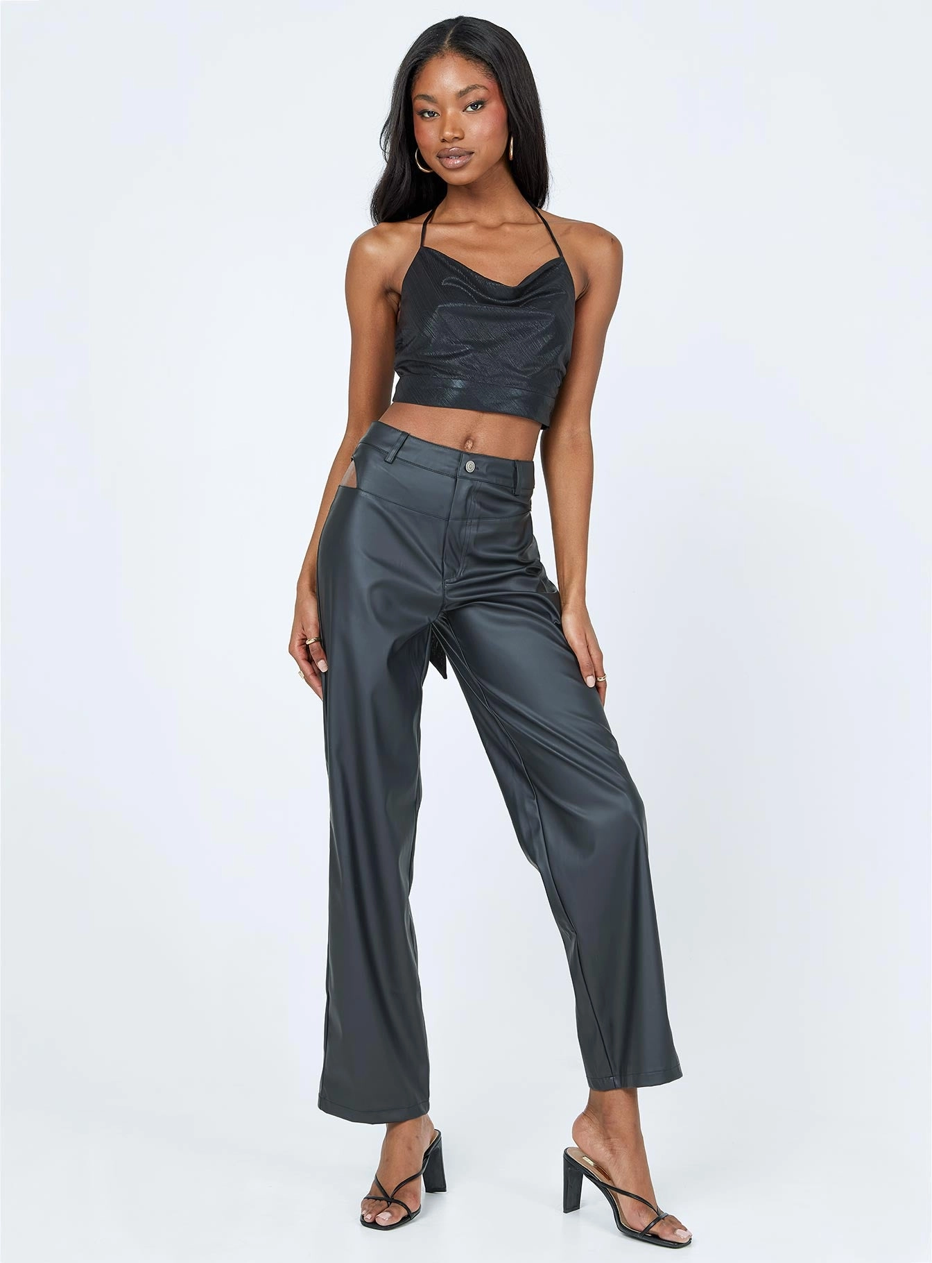 Desire Hip Cut Out PU Pants Black Reversible design