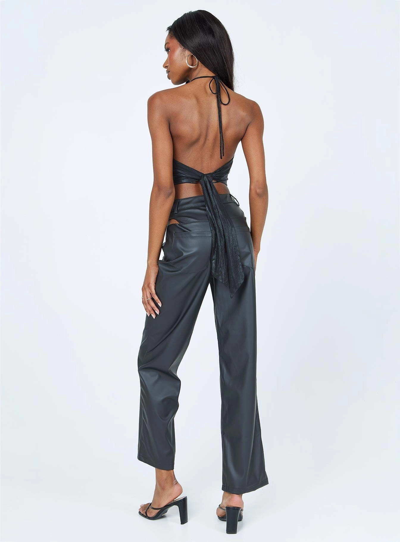 Relaxed Comfort Wear Layer Ready Desire Hip Cut Out PU Pants Black