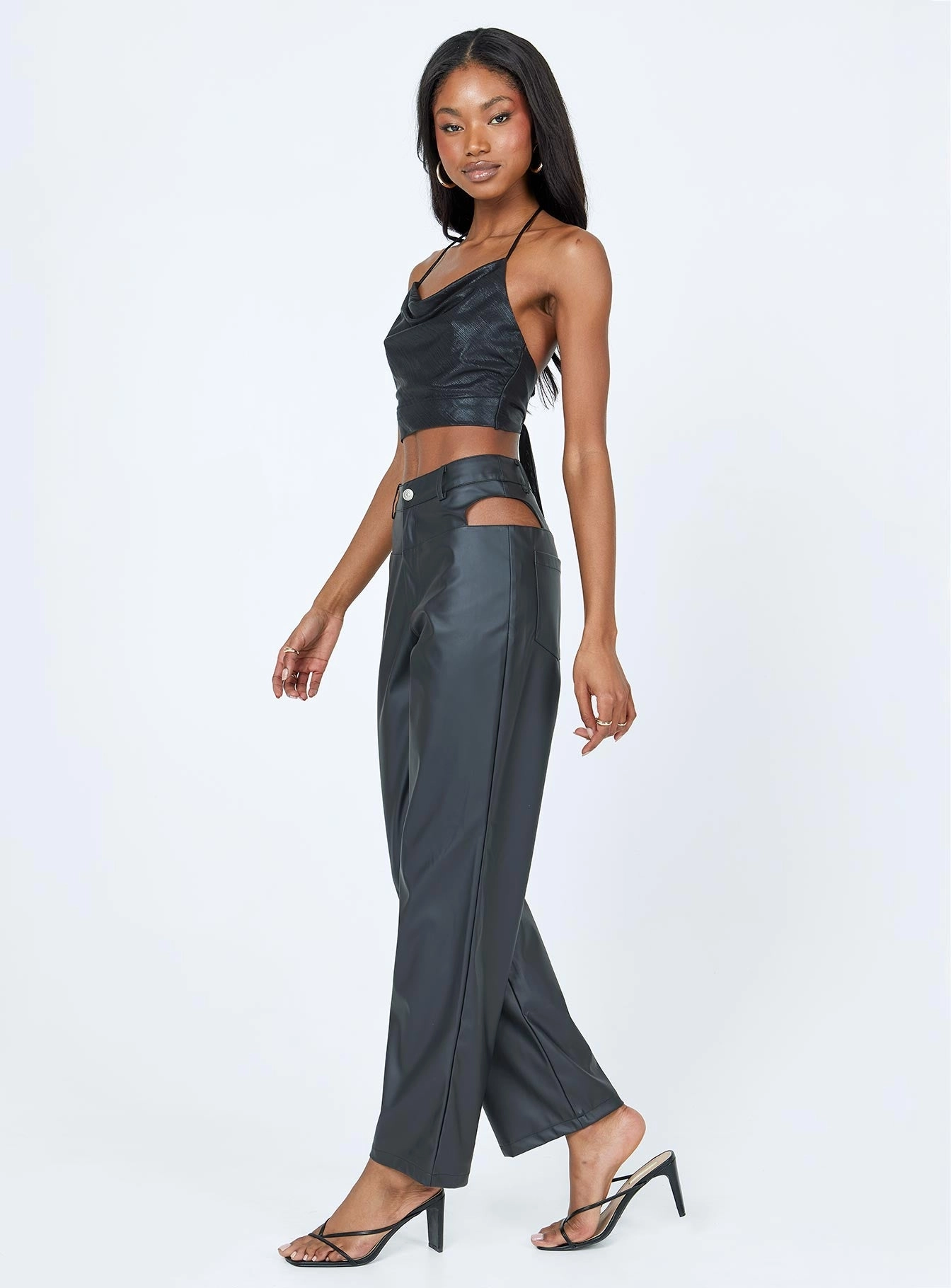 All Purpose Desire Hip Cut Out PU Pants Black