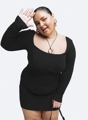 Printed-Lining Shape Hug Denielle Mini Dress Black Curve