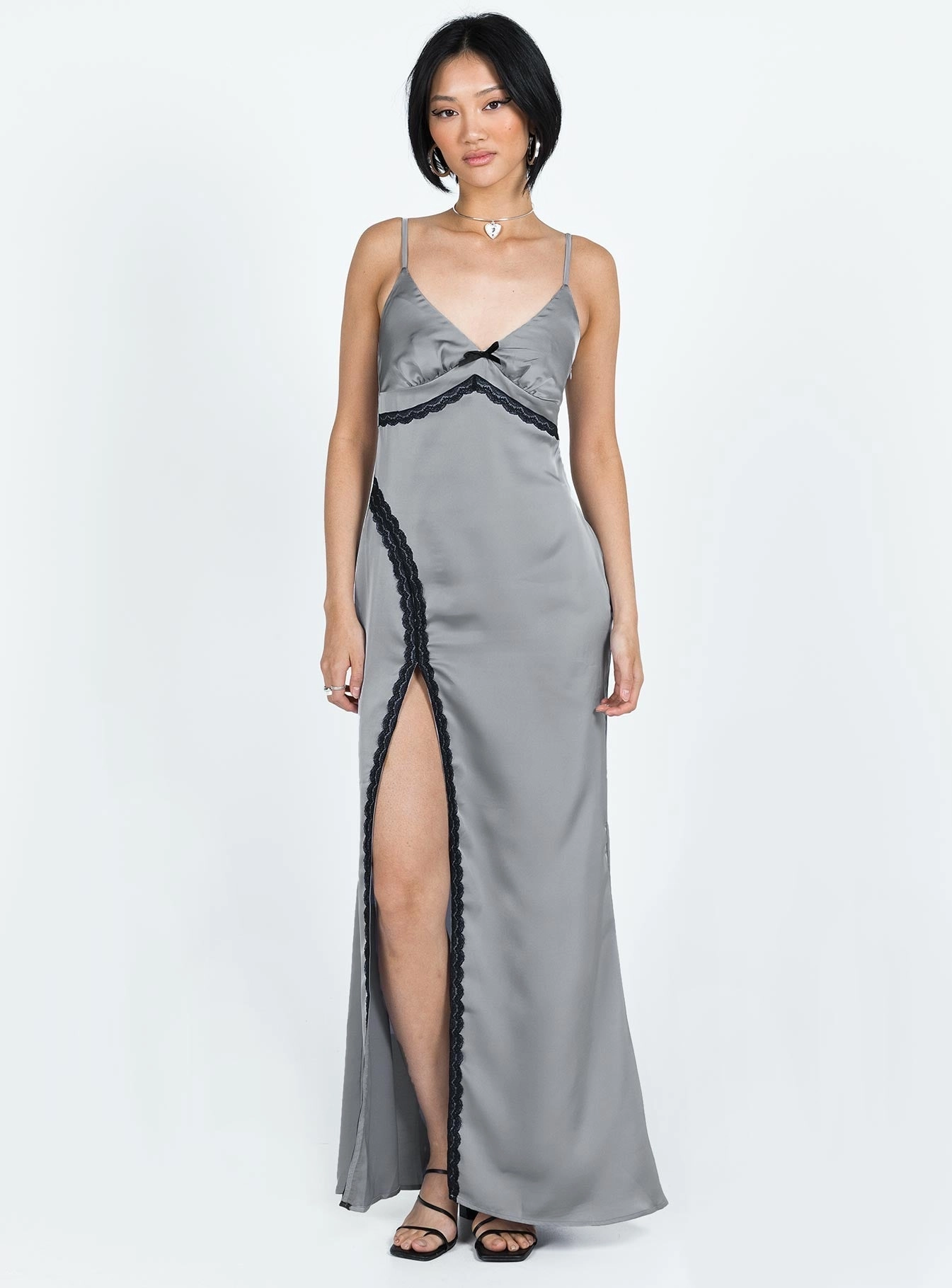 Sidney Lace Trim Maxi Dress Grey Layer Base Simple formal dress