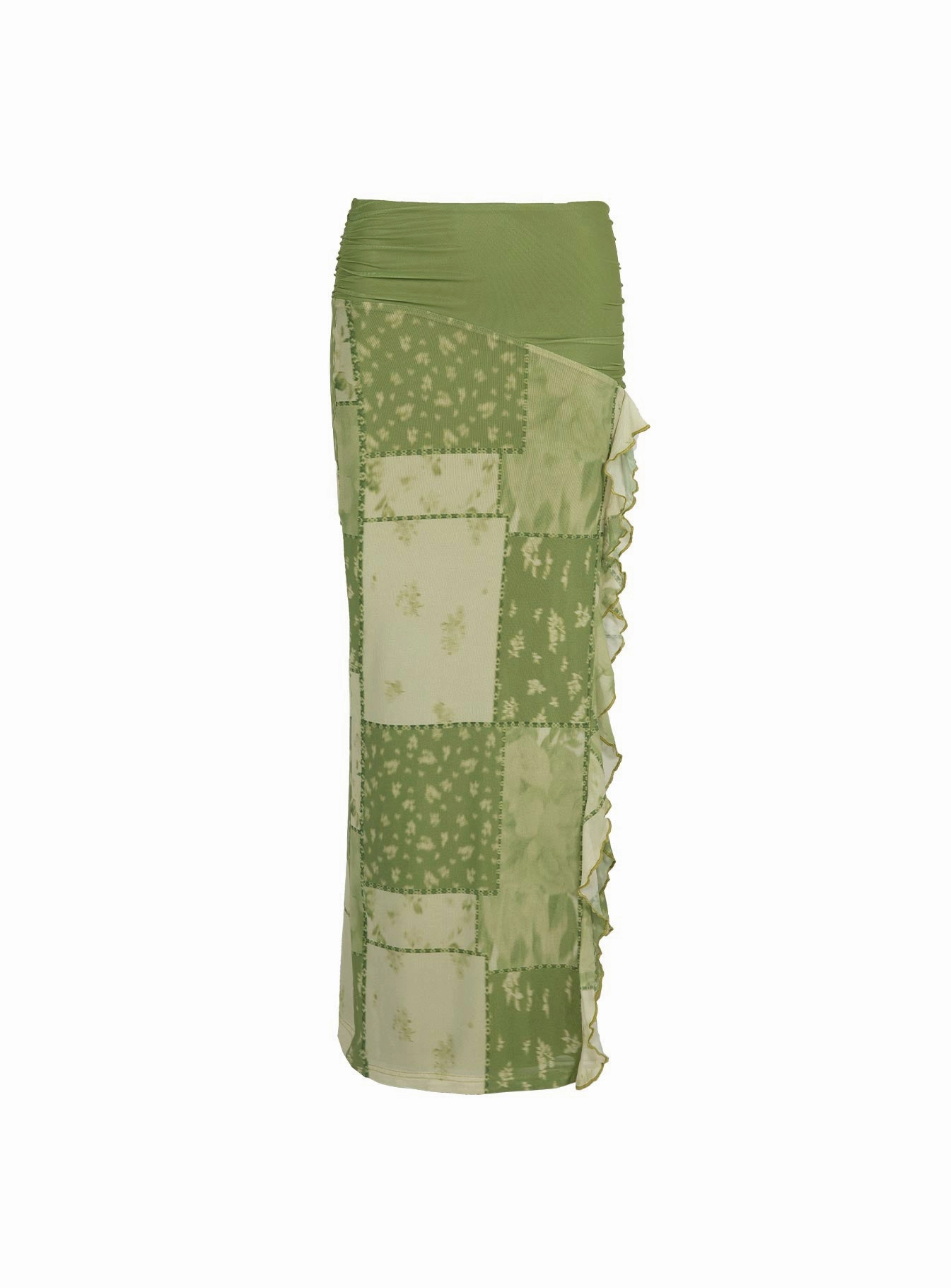 Sharifa Patchwork Maxi Skirt Green Sheer Overlay Bold Look