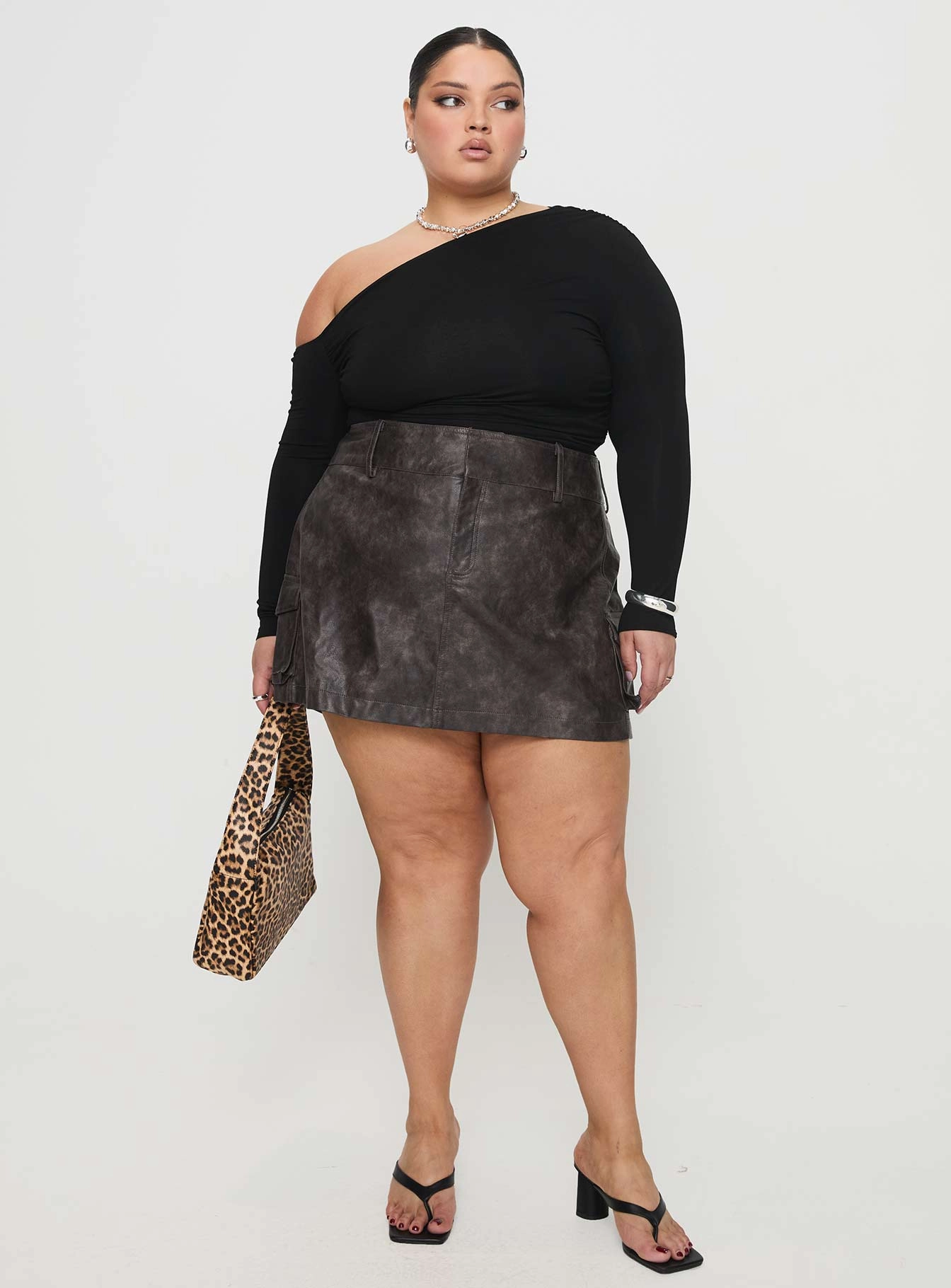 Odor control Domenic Faux Leather Mini Skirt Washed Black Curve