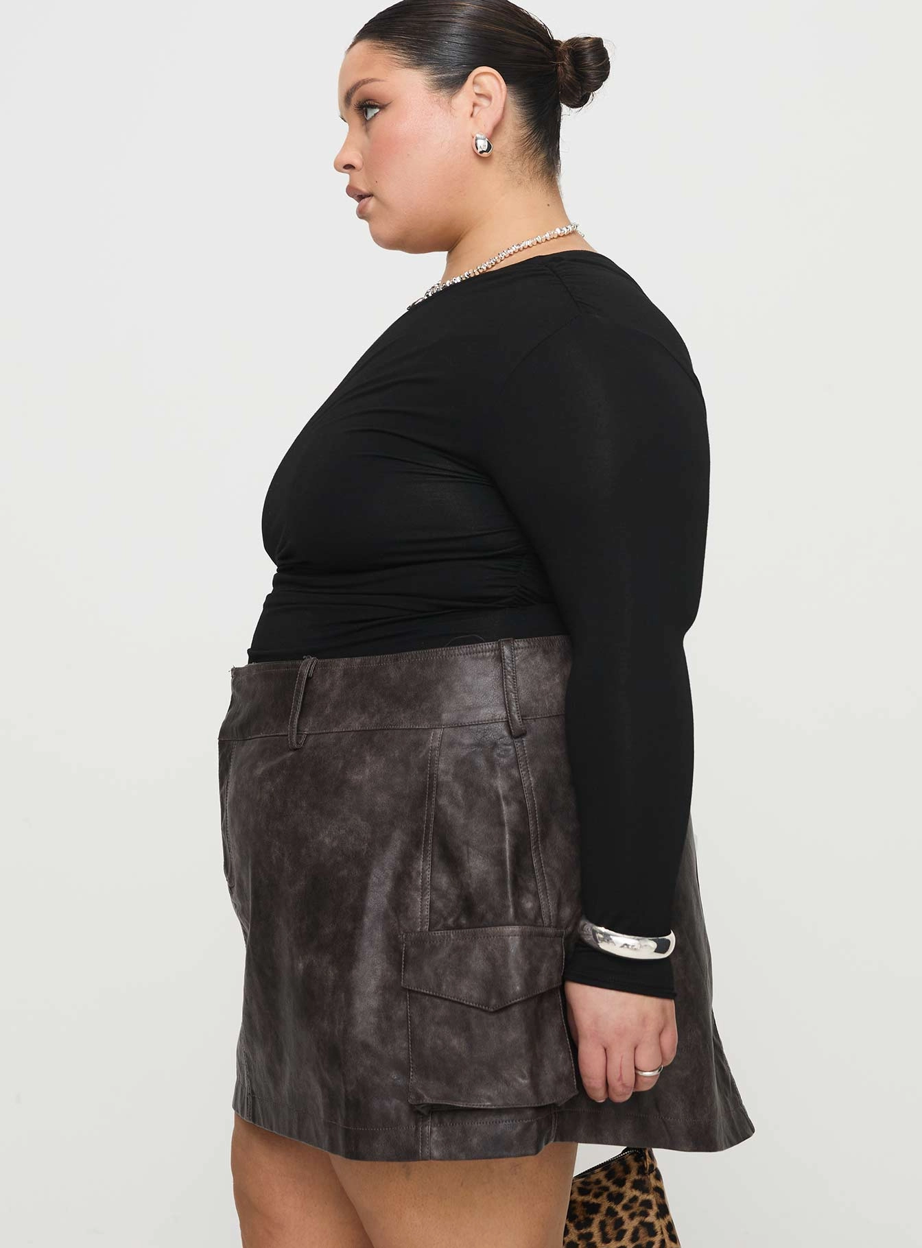 Lined interior Domenic Faux Leather Mini Skirt Washed Black Curve