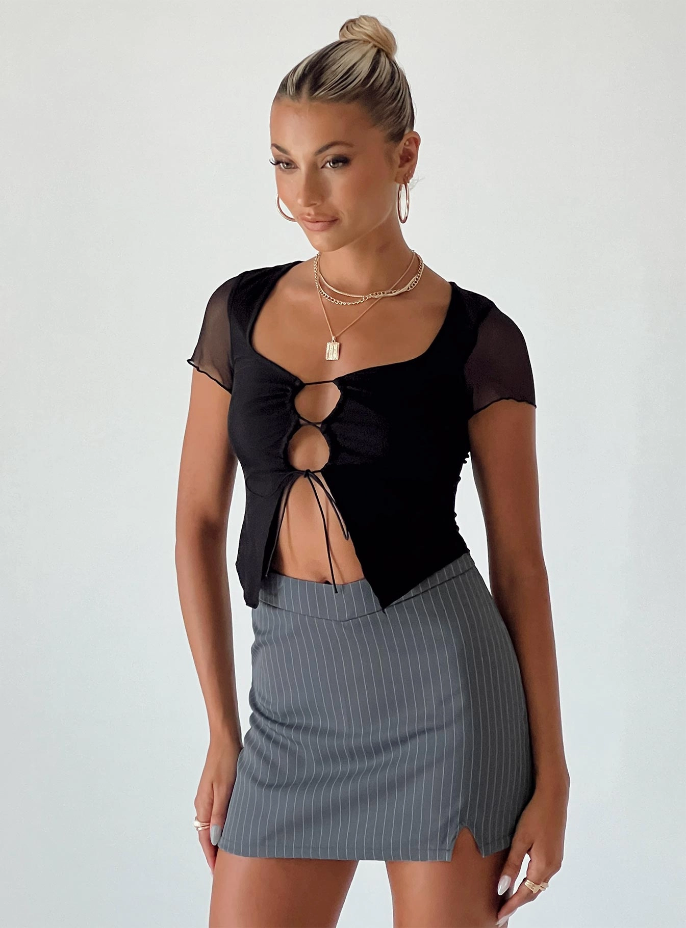 Diagonal Slit Jarden Mini Skirt Grey Pinstripe
