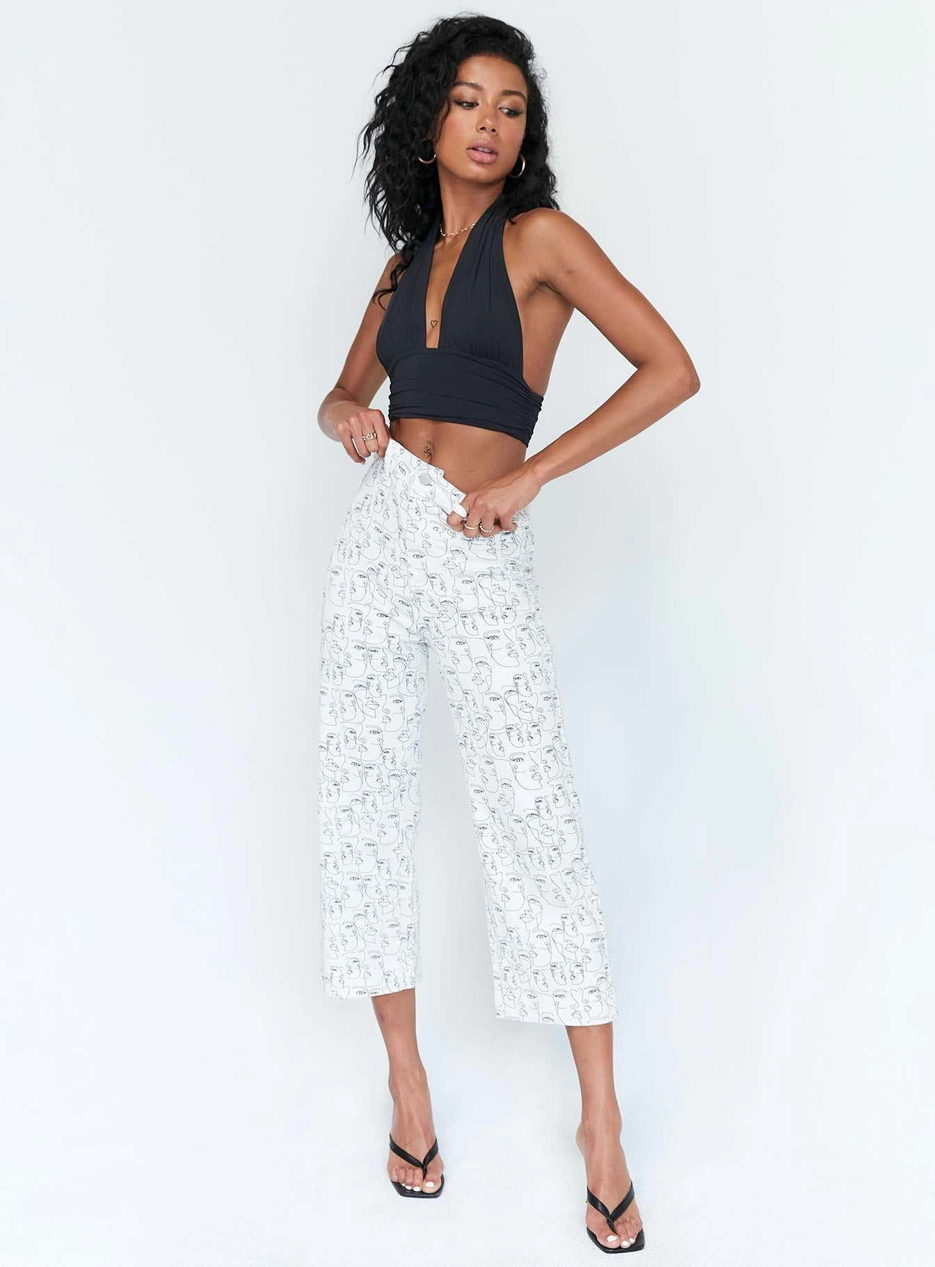 True Fit Nelly Wide Leg Face Print Pants White