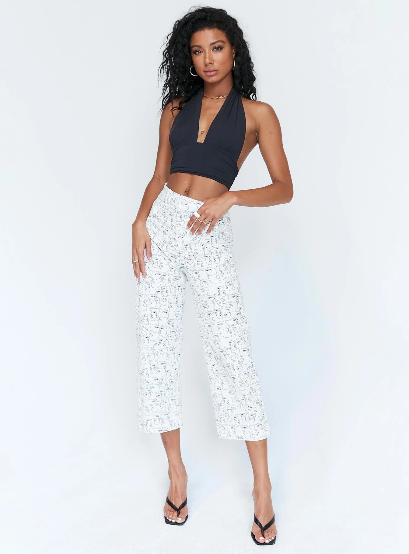 Nelly Wide Leg Face Print Pants White Comfortable fit