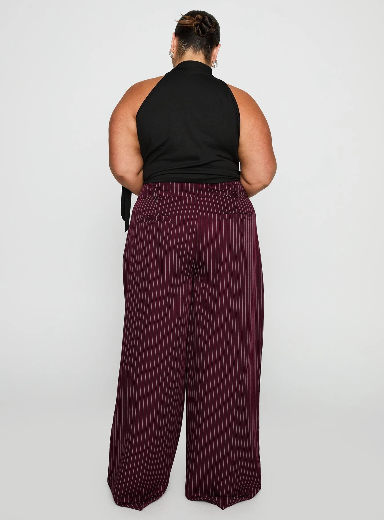 All-Day Wear Stretchable Fabric Lorenne Mid Rise Pant Burgundy Pinstripe Curve