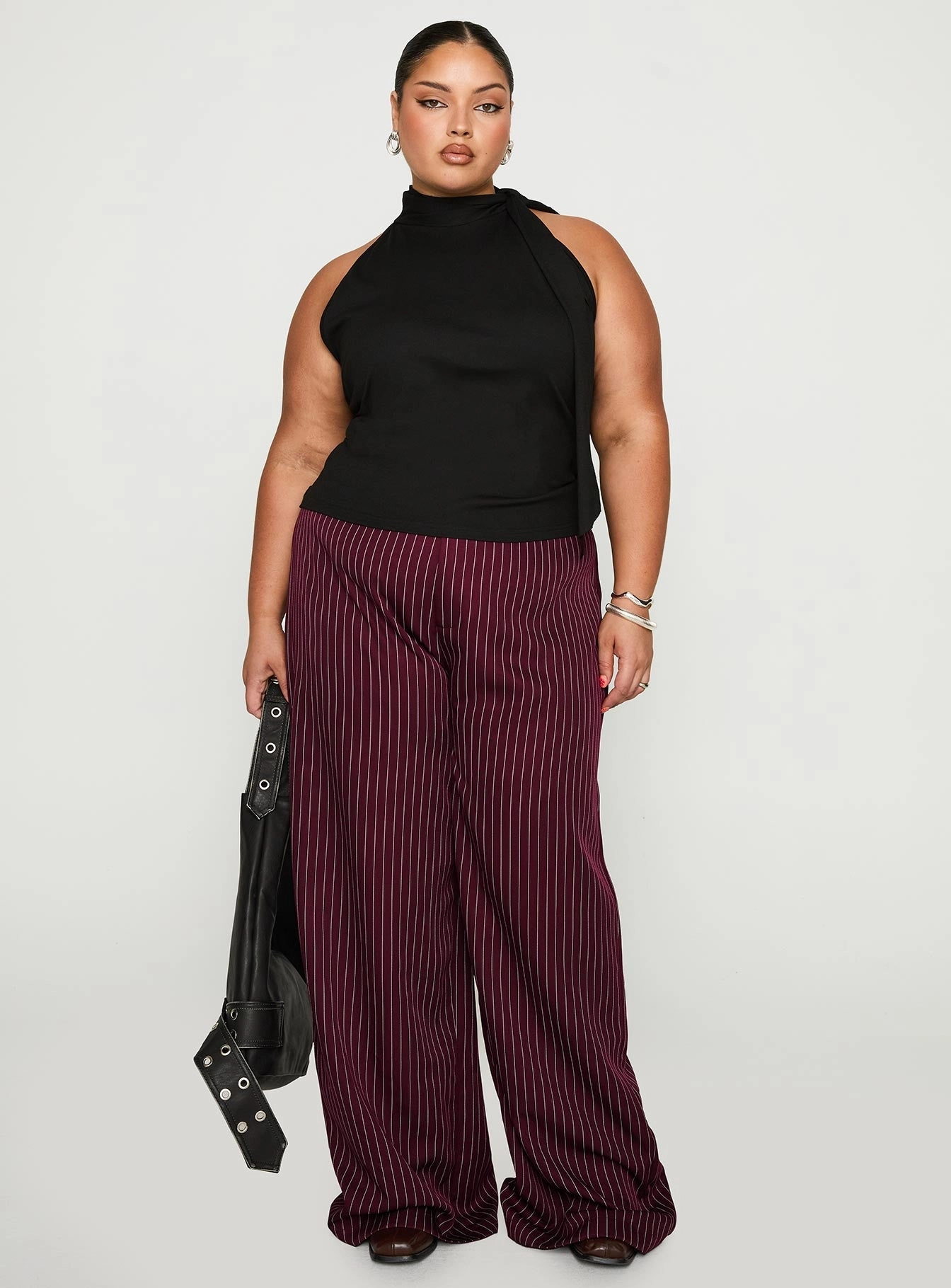 Lorenne Mid Rise Pant Burgundy Pinstripe Curve LightweightComfort