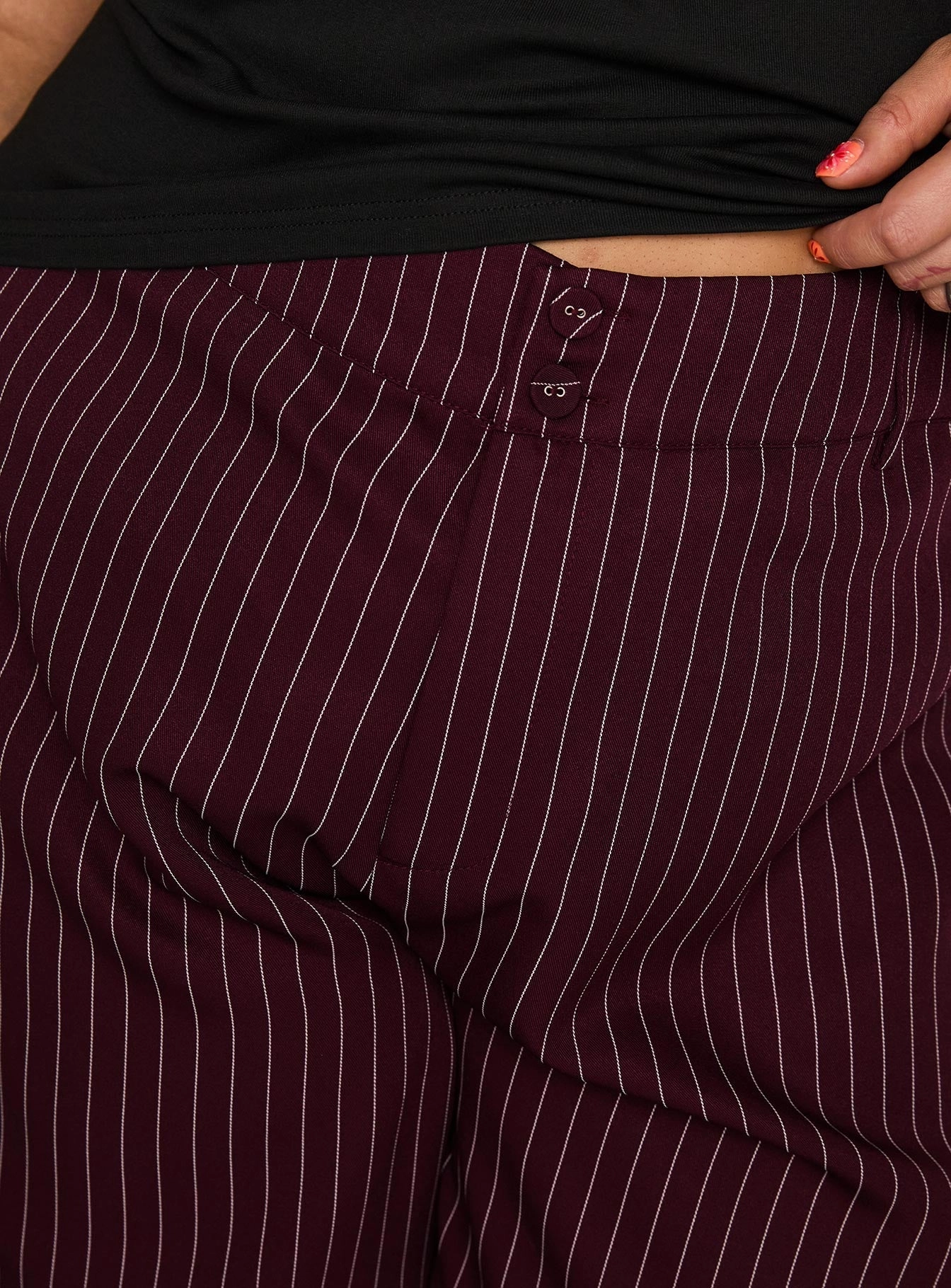 Lorenne Mid Rise Pant Burgundy Pinstripe Curve Effortless Design SoftTouchFinish