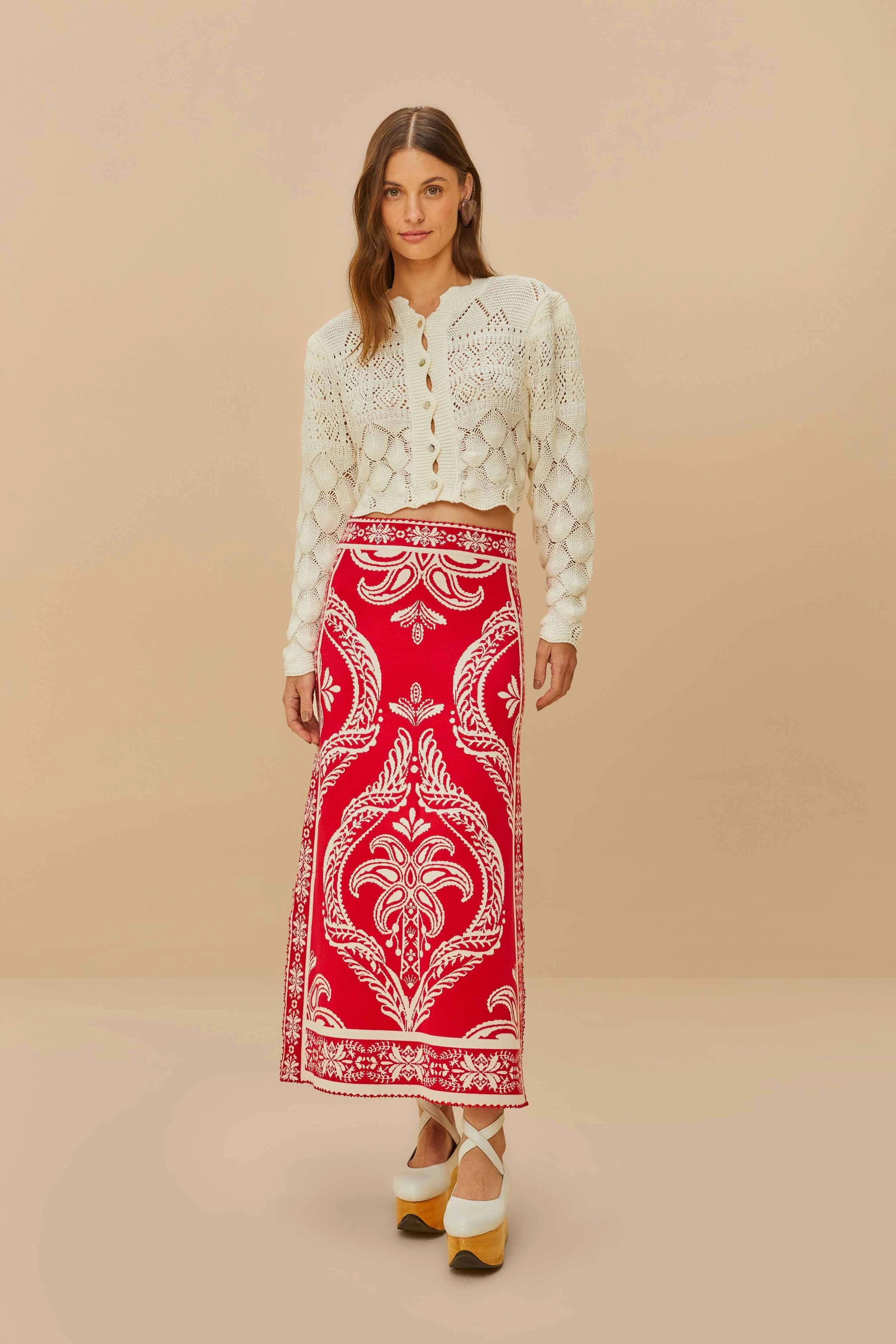 Classic Mood Wrap Closure Red Tropical Jacquard Knit Skirt