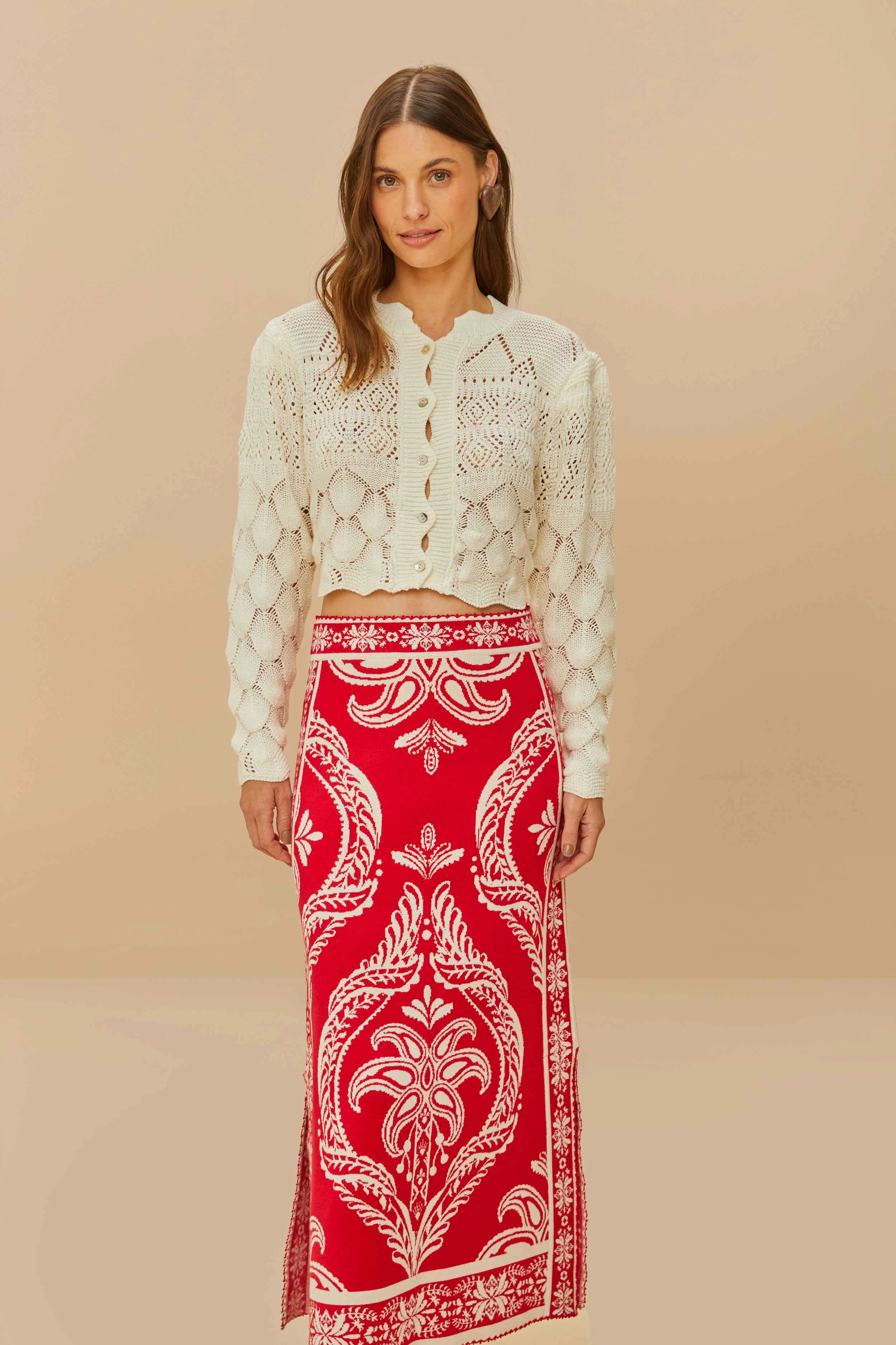 Relaxed Feel Refined Sophistication Red Tropical Jacquard Knit Skirt